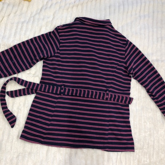 Merona EUC Navy & Pink Striped Double Breasted Knit Jacket w/Tie Belt Large - Picture 2 of 14